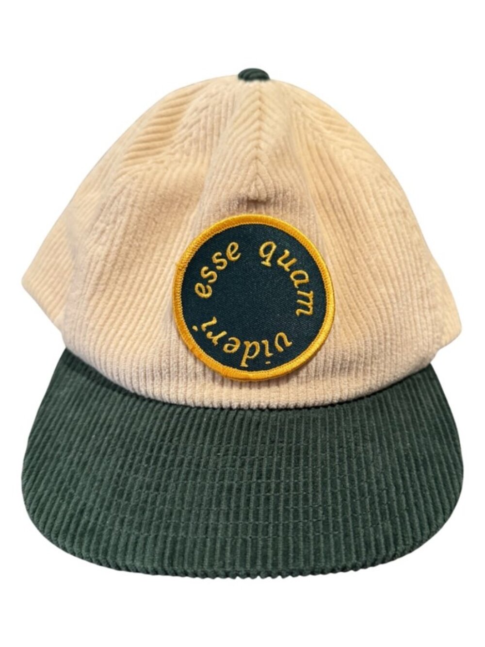 Corduroy Snapback Hat Cream Green Patch Cap Esse Quam Videri Adjustable EUC